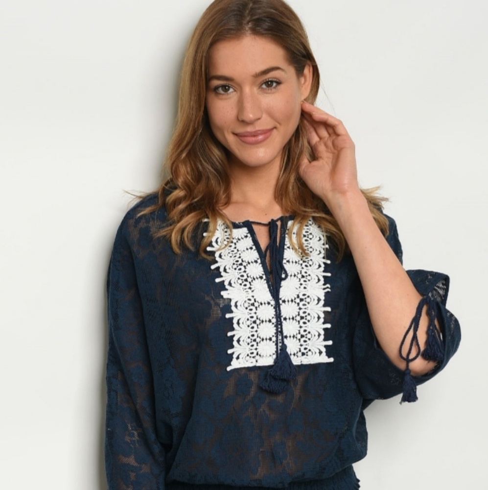 Navy Blue w/White Embroidery and Tassel Detail